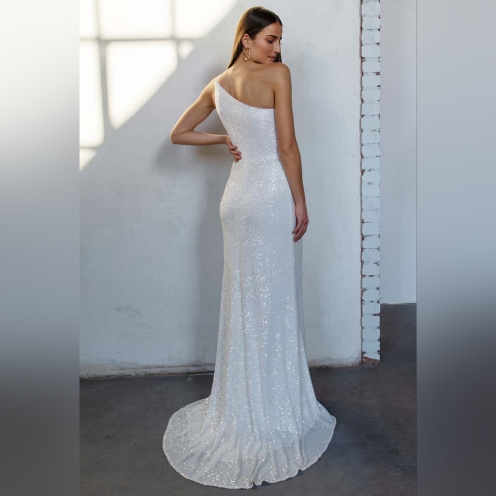 Jenny Yoo White One-Shoulder Sequin Maxi Gown Dress - Picture 2 of 4